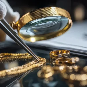 Nahaufnahme eines Experten, der verschiedene Goldschmuckstücke mit einer Lupe und einer Pinzette begutachtet