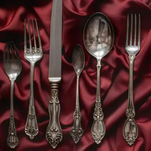 Elegantes Besteckset aus antikem Silber, präsentiert auf luxuriösem rotem Seidenstoff